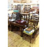 Siesta oak rectangular draw leaf dining table and six Country style rush seated dining chairs.