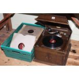 His Masters Voice oak cased table top gramophone and 78 records.