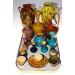 Linthorpe jug, assorted vases, cup and saucer, bowl, etc.