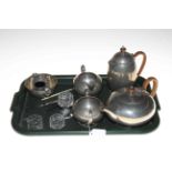 Four piece Liberty & Co. pewter tea set, pewter bowl and salt, glass salts, etc.