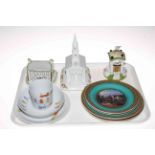 Coalport church, cottage and dove cote, Prattware plates and children's trio.