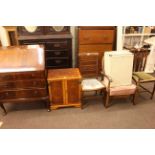 Mahogany three drawer bureau, Grandmother clock, burr wood record cabinet, two inlaid chairs,