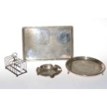 Silver rectangular tray, Birmingham 1910, silver ashtray ad silver plated waiter and toast rack (4).