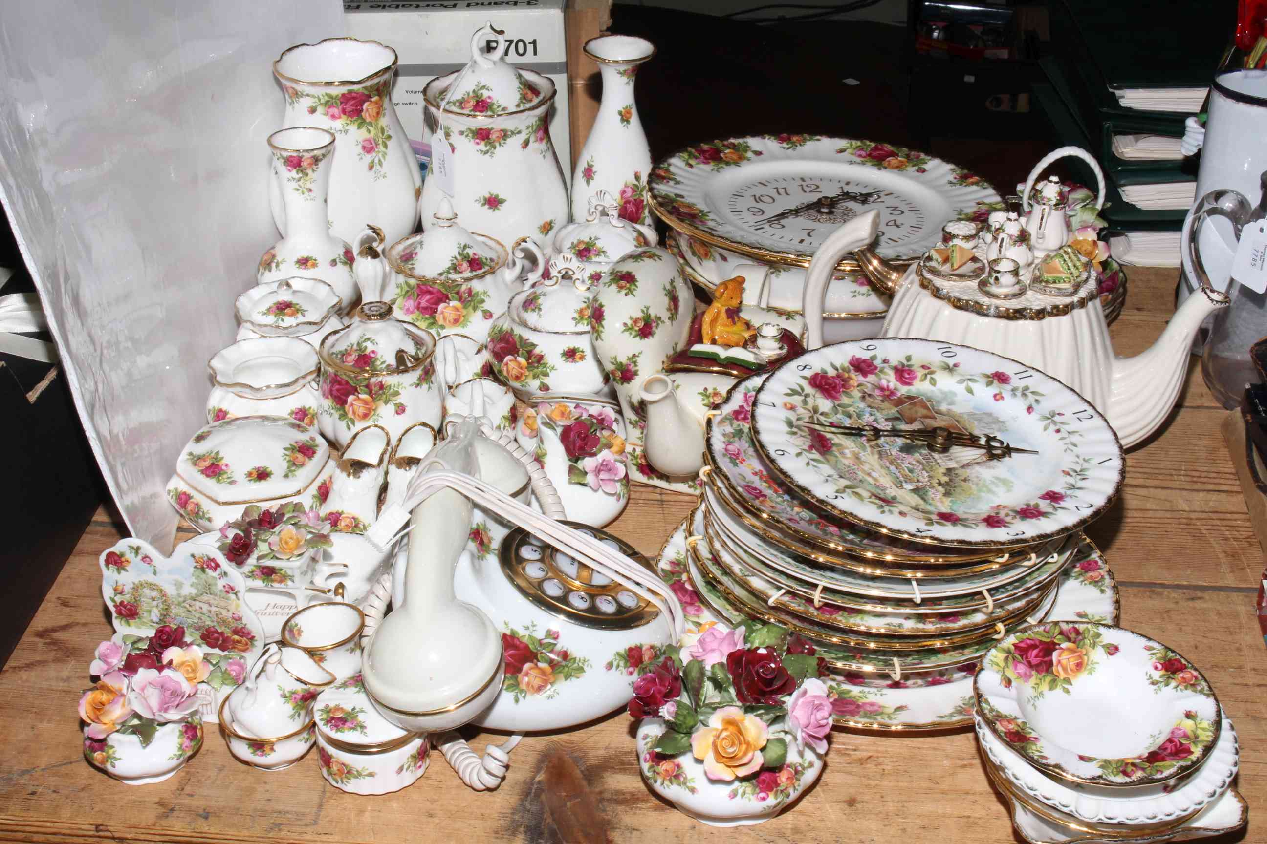 Collection of Royal Albert Old Country Roses including novelty teapots and telephone,