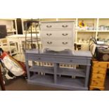 Painted rectangular kitchen island, three drawer chest and high stool (3).