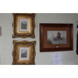 Oak framed Lionel Edwards print 'A Misty Morning' and pair gilt framed hunting prints (3).