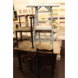 Victorian pine turned leg table, inlaid corner chair, pair inlaid bedroom chairs,