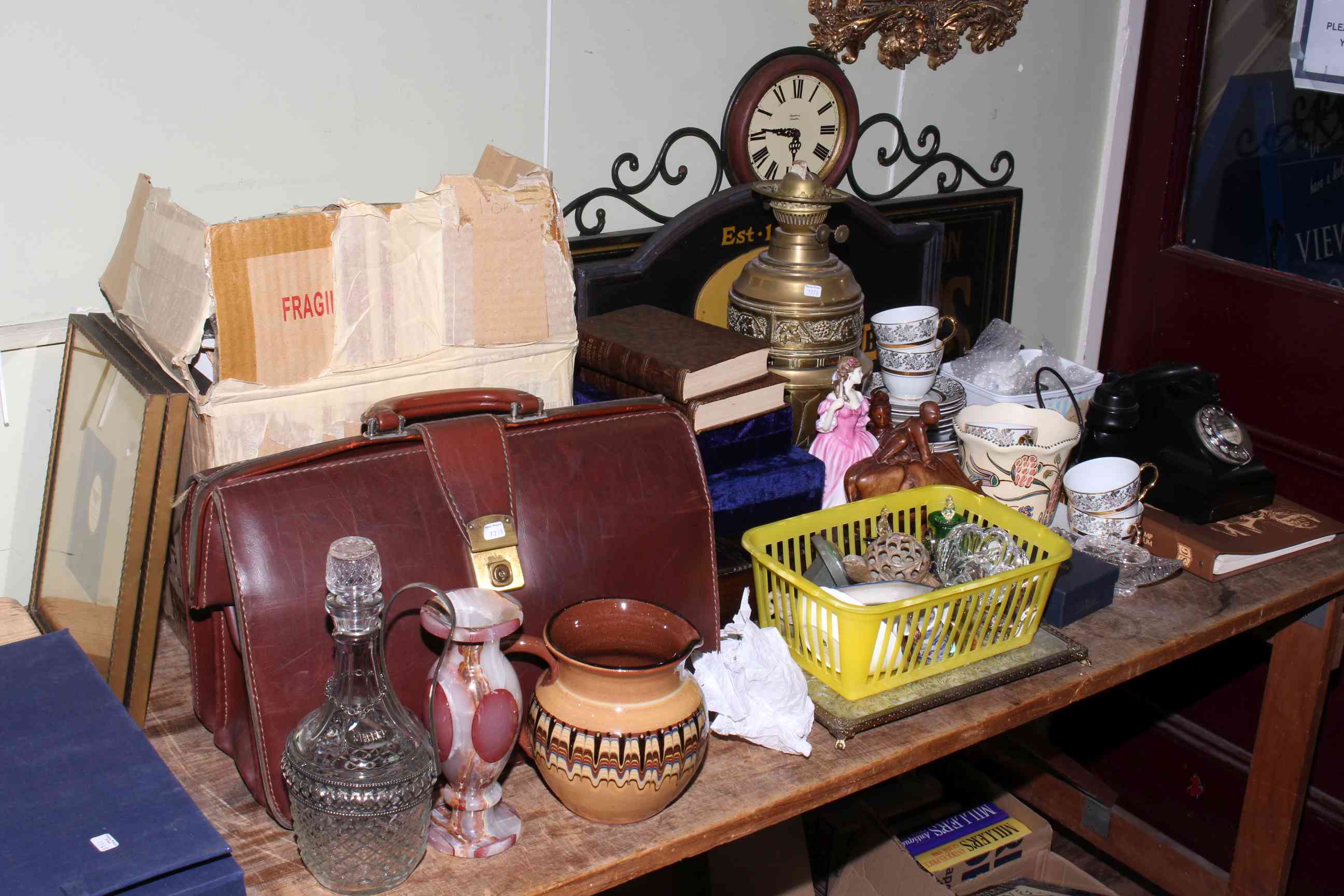 Pub signs, Bakelite telephone, leather case, cased metalwares, oil lamp base, stamps, ceramics,