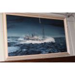 Sutton, Boat at Sea at Dusk, oil on board, signed lower right, 39cm by 74.5cm, framed.