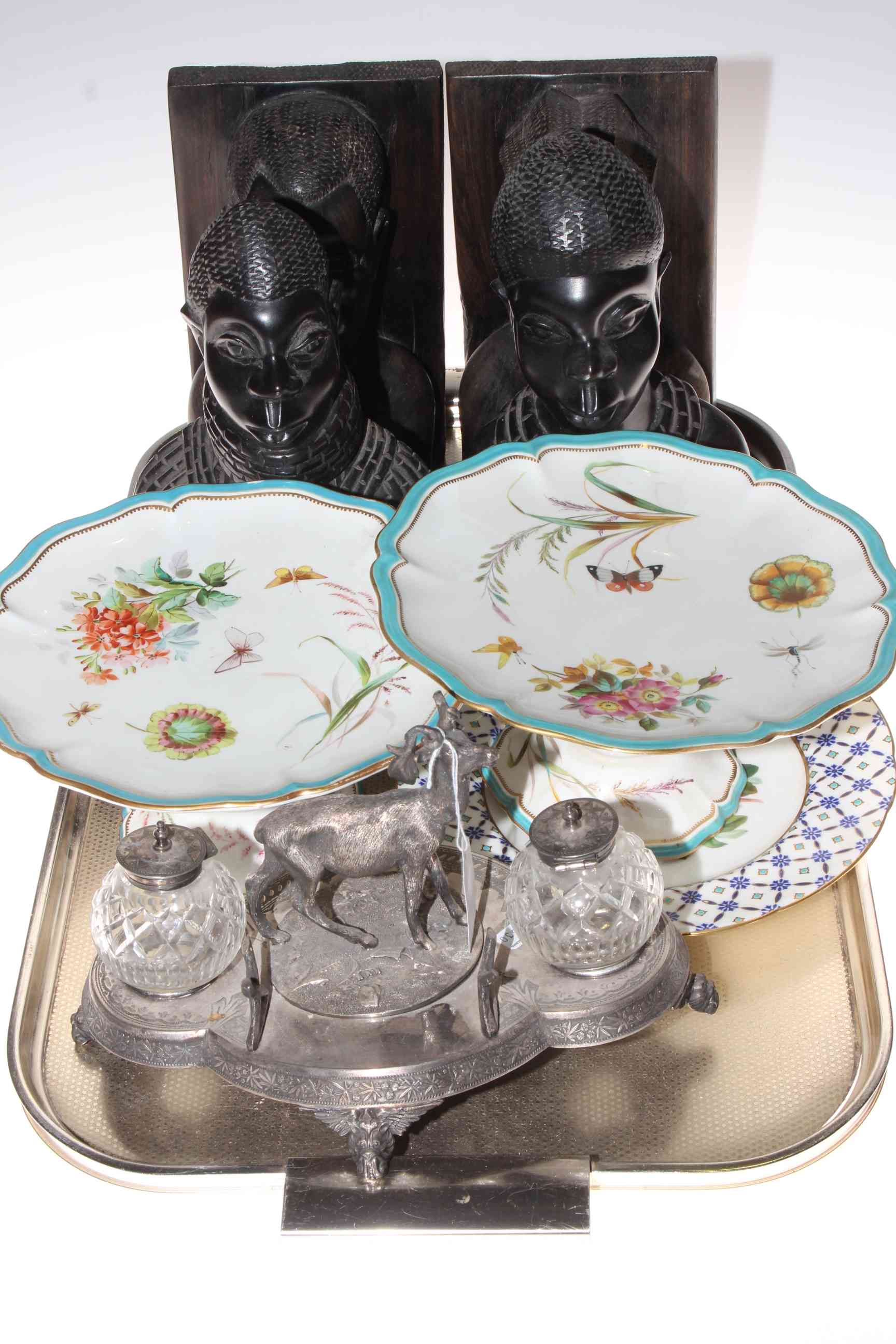 Pair of Continental porcelain comports, floral plate, silver plate inkwell,
