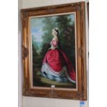 Large gilt framed picture of a lady in a pink gown.