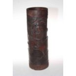 Japanese bamboo brush pot, relief carved with warriors, 39cm.