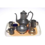 Pewter teapot, tankard, salt, pepper and two mustard pots and brass table bell.