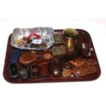 Brass and treen table and pocket snuff boxes, treen Dutch clogs, medals, coins, etc.