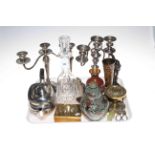 Two silver plate candelabra and candlestick, silver plated teapot, pair of salts,