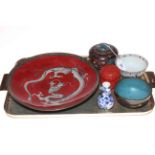 Chinese cloisonne plate decorated with circling dragons, lidded jar and bowl, Cinnabar lidded box,