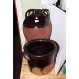 Stoneware flagon and crock.