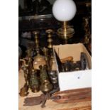 Assorted brass including candlesticks and lamp, box of tools, two bobbins, etc.