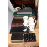 Boxed cutlery, Burleigh Ware vase, teapot and five commemorative mugs.