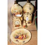 Aynsley Orchard Gold pair of lamps, storage jar, jug, plate, clock and bell.