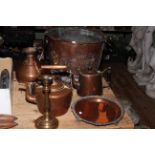 19th Century copper jardiniere, half gallon measure, kettle, tray, mug, etc.