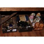 Staffordshire lion, pottery figures, glass bottles, assorted copper and brass, books, etc.