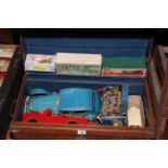 Tin trunk of toys and model vehicles including Dinky Breakdown Lorry 25x and Foden Diesel 8 wheel