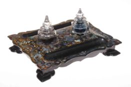 Victorian papier mache twin bottle inkstand inlaid with mother of pearl, 26cm x 34cm.