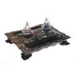 Victorian papier mache twin bottle inkstand inlaid with mother of pearl, 26cm x 34cm.