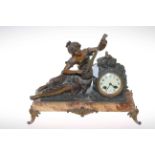 Victorian ornate spelter and marble mantel clock, having maiden playing lyre beside circular face,