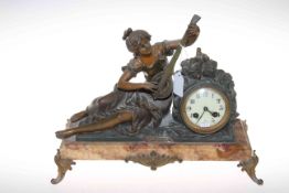 Victorian ornate spelter and marble mantel clock, having maiden playing lyre beside circular face,