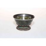 Antique Chinese silver mounted jade bowl embellished with coral and turquoise beads, 10cm diameter.