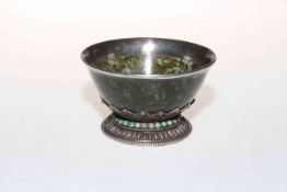 Antique Chinese silver mounted jade bowl embellished with coral and turquoise beads, 10cm diameter.