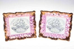 Pair of Sunderland lustre plaques with sailing ships and verse, 20cm x 22cm.