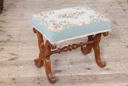 Victorian mahogany X-framed stool with needlework seat 42cm x 48cm.