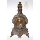Victorian cast metal cased mantel clock, the ornate case with figure finial and scroll feet, 40cm.