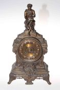 Victorian cast metal cased mantel clock, the ornate case with figure finial and scroll feet, 40cm.