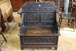 Victorian carved oak box hall bench, 105cm by 92cm.