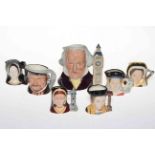 Seven Royal Doulton character jugs including John Doulton, Henry VIII, Anne Boleyn, Anne of Cleves.