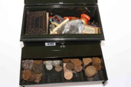 Tin of collectables and coins.