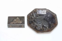 Oriental embossed metal matchbox holder and tray.