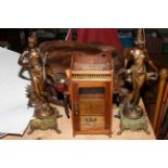 Pair of spelter ladies, smokers cabinet, two fur coats and a pond yacht.