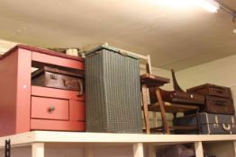 Two drawer storage seat, Lloyd Loom linen bin, two stools, towel stand,