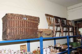 Four Victorian farmhouse style chairs, vintage basket, case and tray.