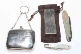 Dunhill lighter, small silver purse, Birmingham 1915 and two silver and mother of pearl penknives.