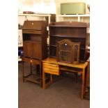 Small oak bureau, barley twist table, open bookcase, glazed wall cabinet and two drawer desk (5).