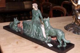 Art Deco spelter and marble group of lady with dogs, 69cm across.