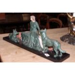 Art Deco spelter and marble group of lady with dogs, 69cm across.