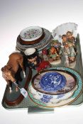 Tray lot with Hummel figures, collectors plates, Doulton horse Mr Frisk etc.