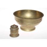 Eastern brass bowl and ornate lidded container.